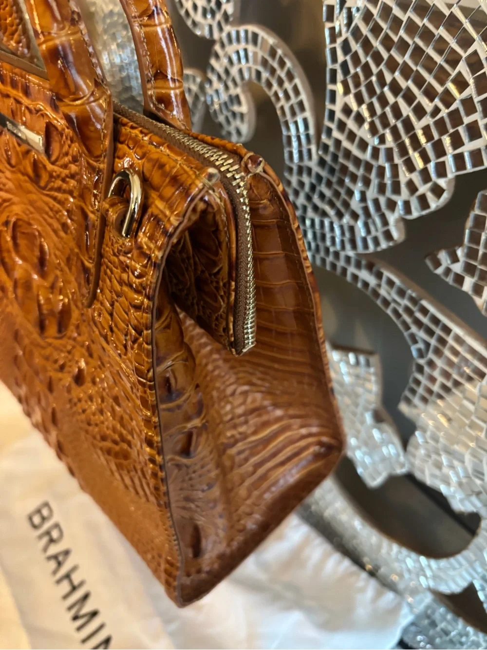 🌟Brahmin Croc-Embossed Leather Satchel in Cognac Brown